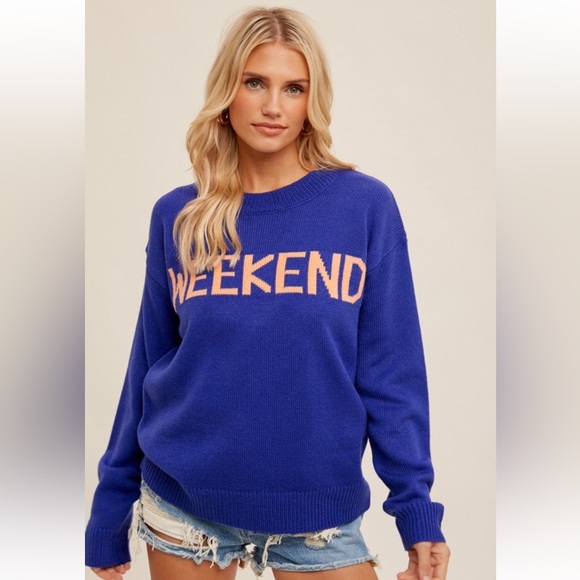 883. Hem & Thread Cobalt Blue Weekend Crew Neck Sweater Pullover New Item NWT - Picture 4 of 7